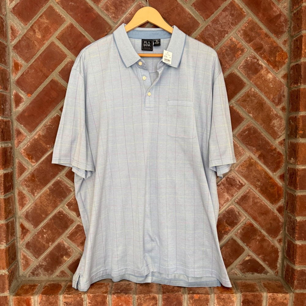 NWT Jos. A. Bank Plaid Polo Shirt Mens XXL Blue Traveler Traditional Fit Grid